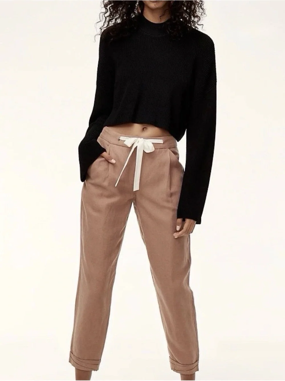 Aritzia Wilfred Allant Linen Blend Tan Crop Pants Chic Boho Business Size 2